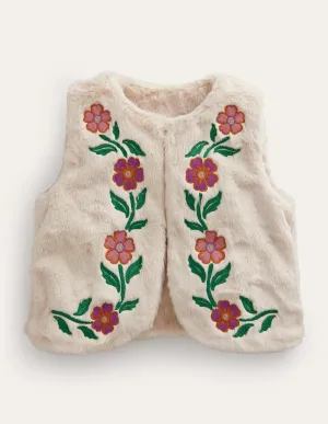 Reversible Faux Fur Gilet-Natural Ivory Floral