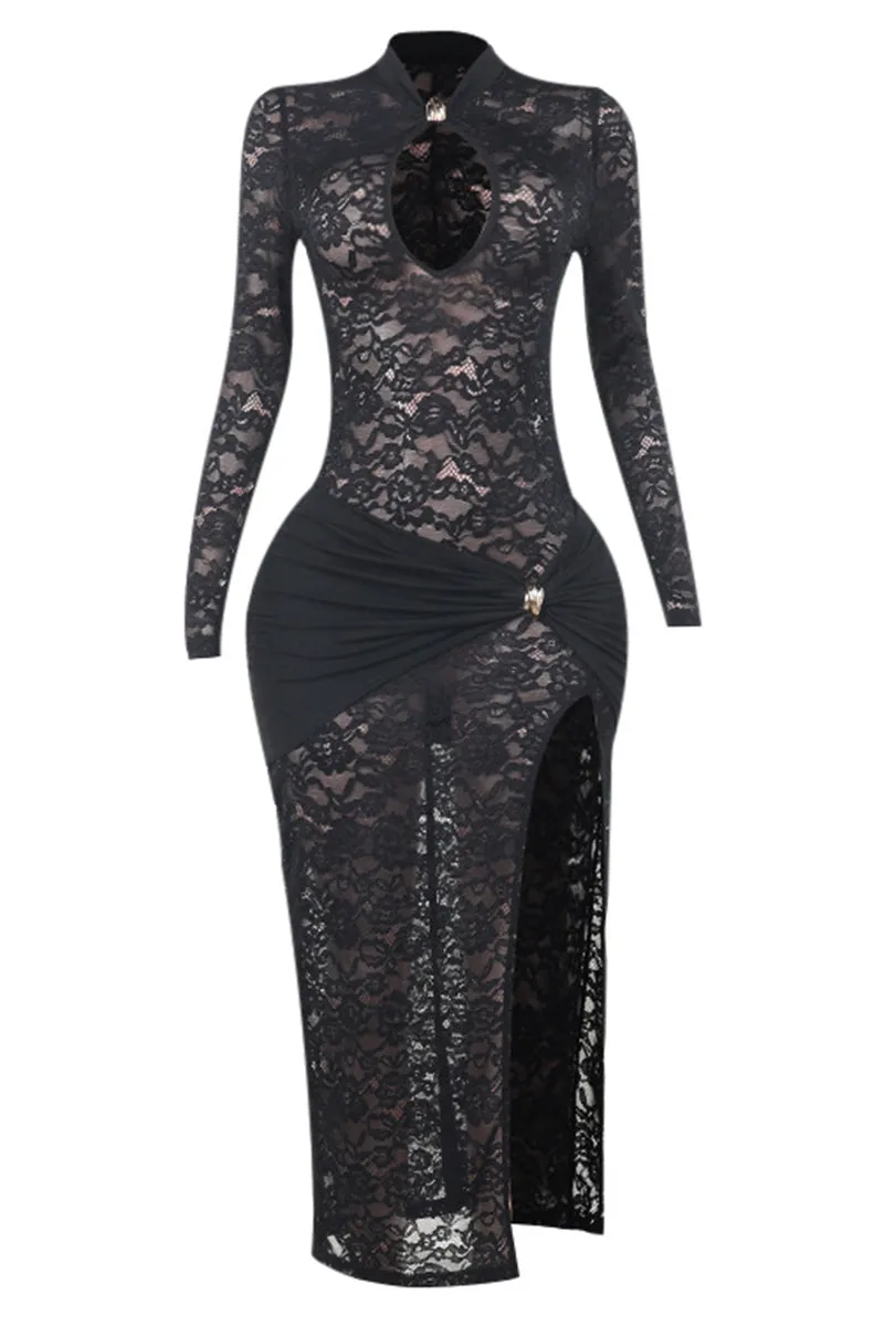 See Through Cutout Lace Split Maxi Bodycon Dress
