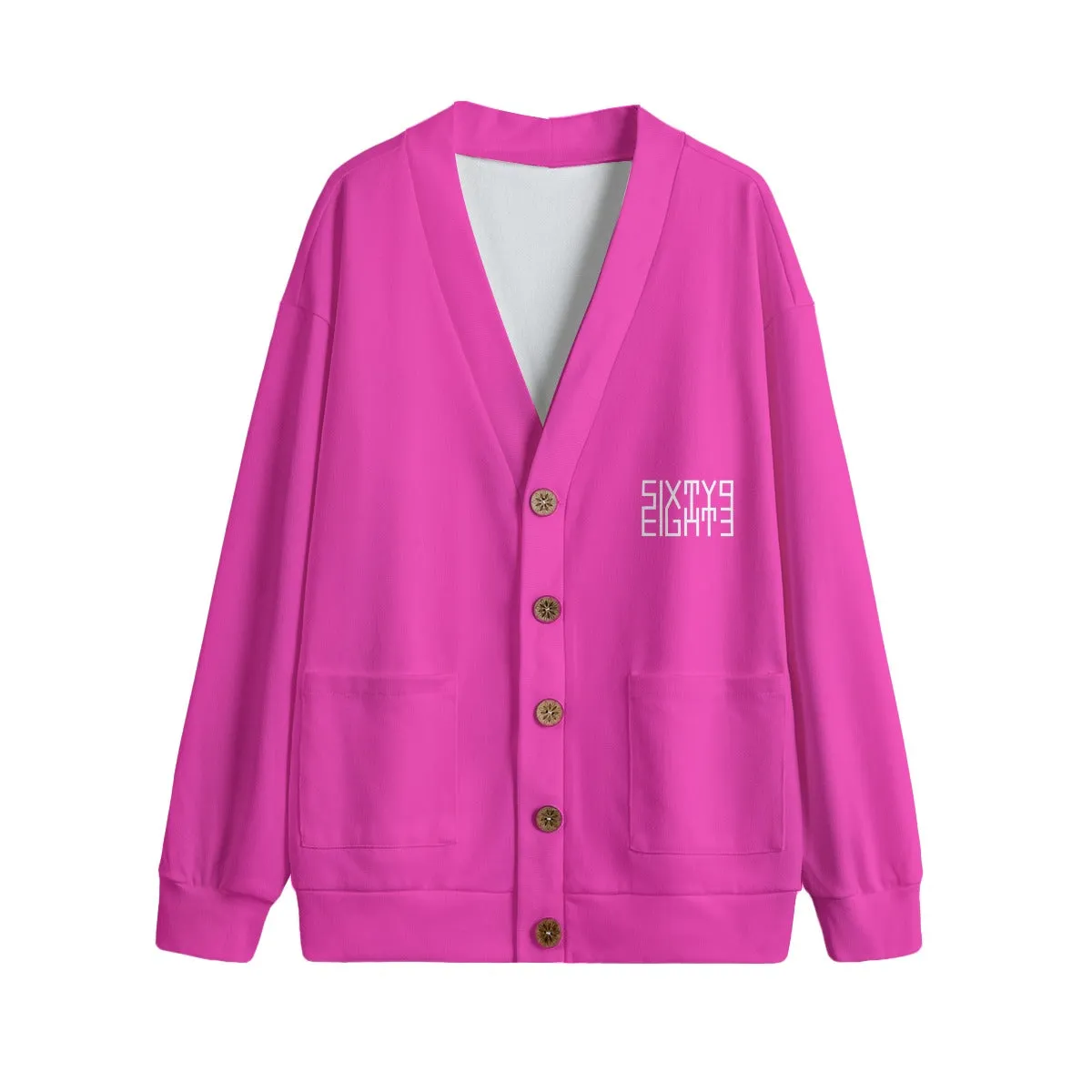 Sixty Eight 93 Logo White Fuchsia Unisex V-Neck Knitted Fleece Cardigan