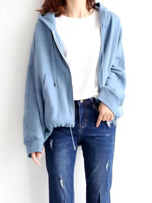 Solid Zipper Fly Drawstring Hooded Jacket