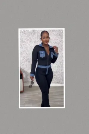 Stretch Woven w/Denim Contrast Top & Pants Set