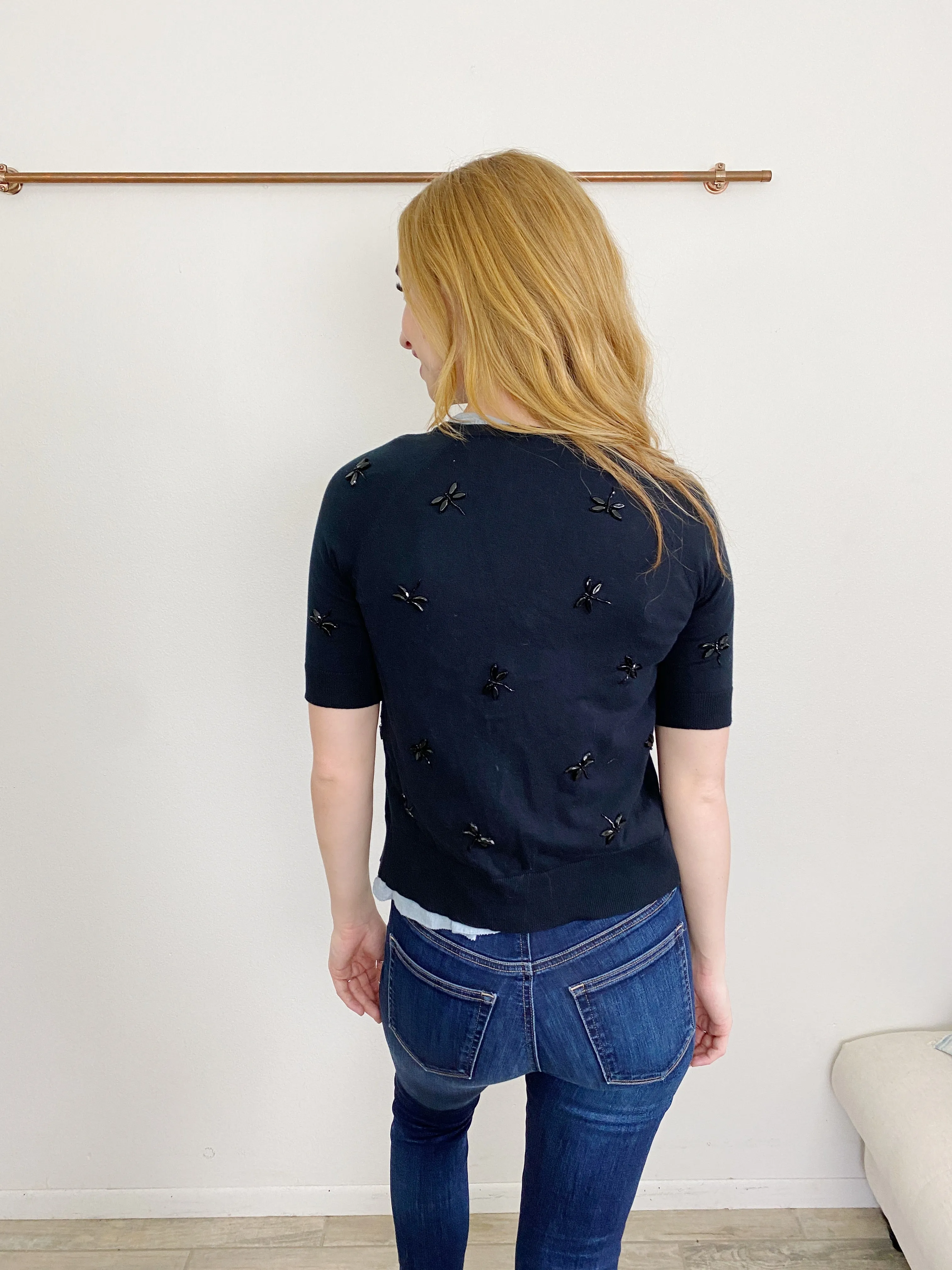 TALBOTS Black Jeweled Dragonfly Cardigan Sweater Small Petite