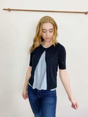 TALBOTS Black Jeweled Dragonfly Cardigan Sweater Small Petite