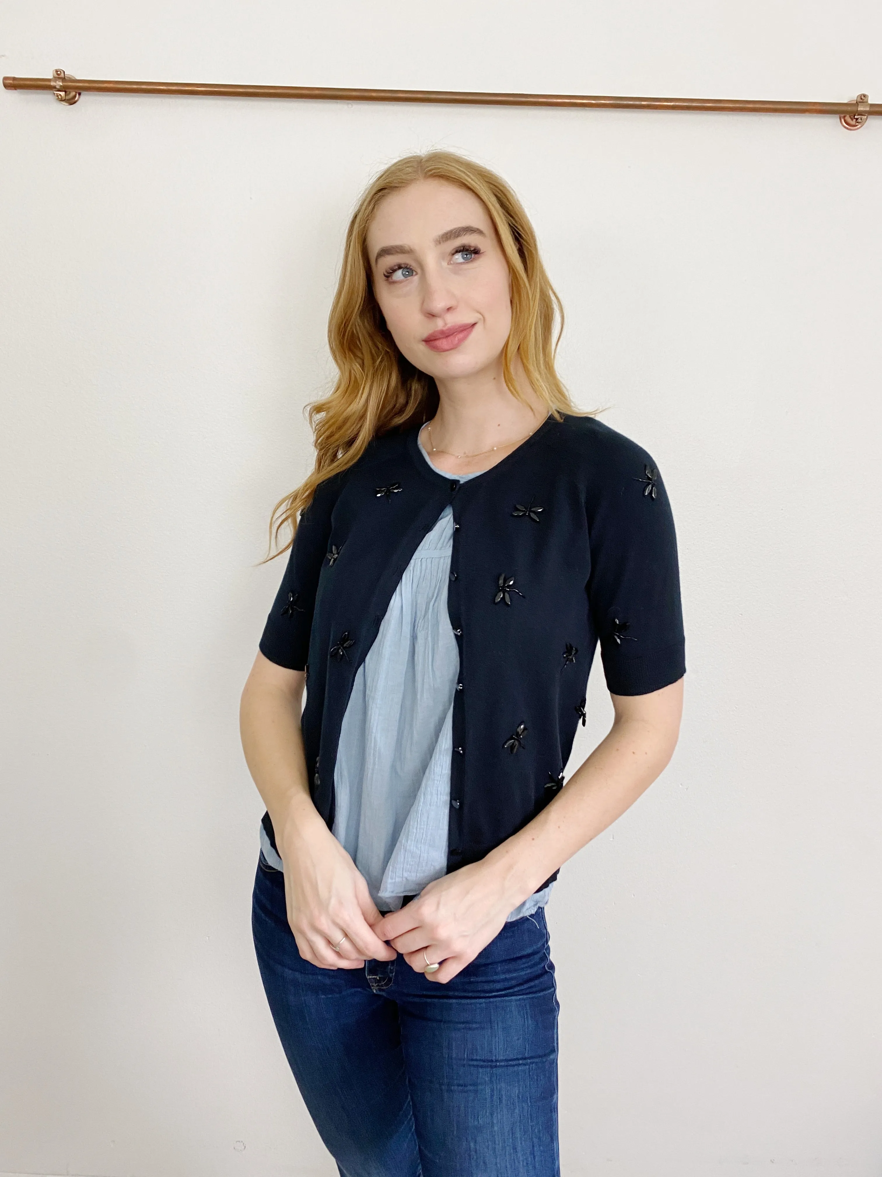 TALBOTS Black Jeweled Dragonfly Cardigan Sweater Small Petite