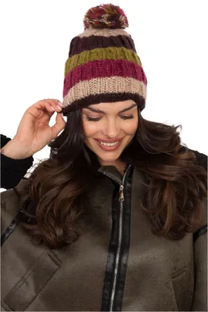 TEEK - Beige Multicolor Striped Pom Pom Top Cap
