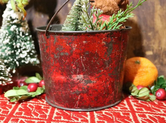 Tin Pail Red Paint Miniature Teddy Bear Festive Gathering