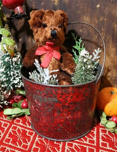 Tin Pail Red Paint Miniature Teddy Bear Festive Gathering
