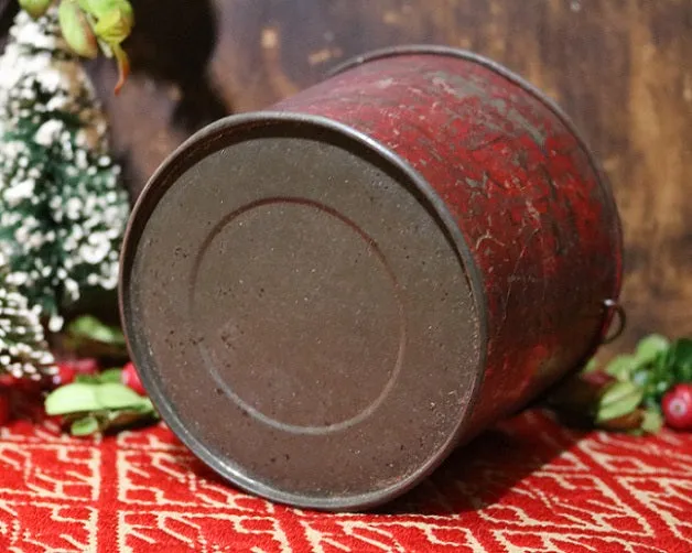Tin Pail Red Paint Miniature Teddy Bear Festive Gathering