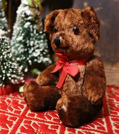 Tin Pail Red Paint Miniature Teddy Bear Festive Gathering