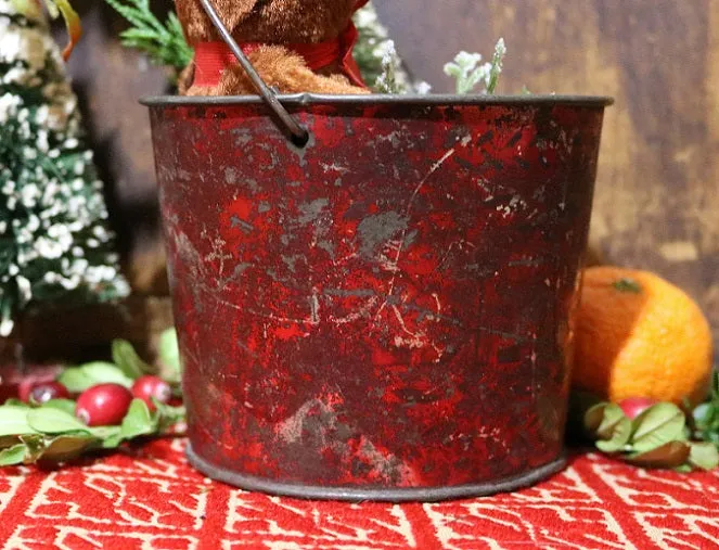 Tin Pail Red Paint Miniature Teddy Bear Festive Gathering