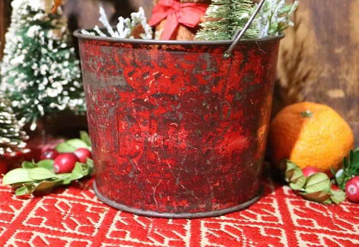 Tin Pail Red Paint Miniature Teddy Bear Festive Gathering