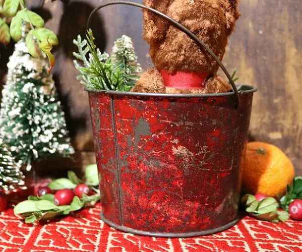 Tin Pail Red Paint Miniature Teddy Bear Festive Gathering