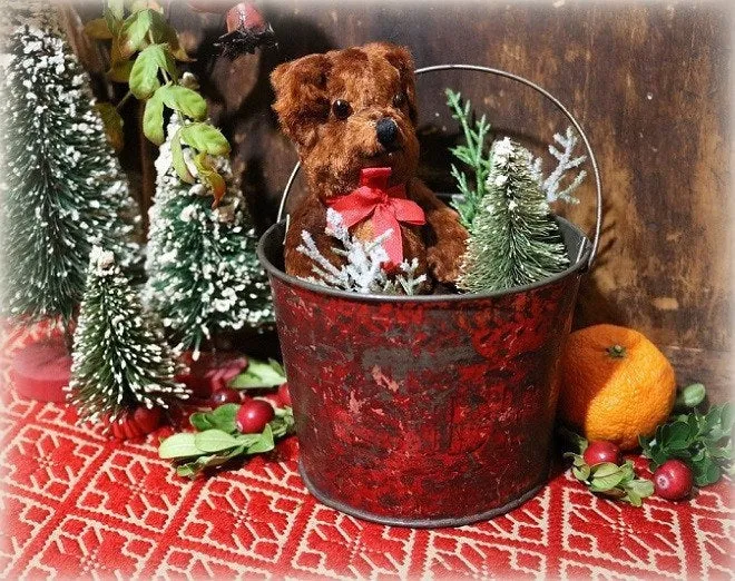 Tin Pail Red Paint Miniature Teddy Bear Festive Gathering