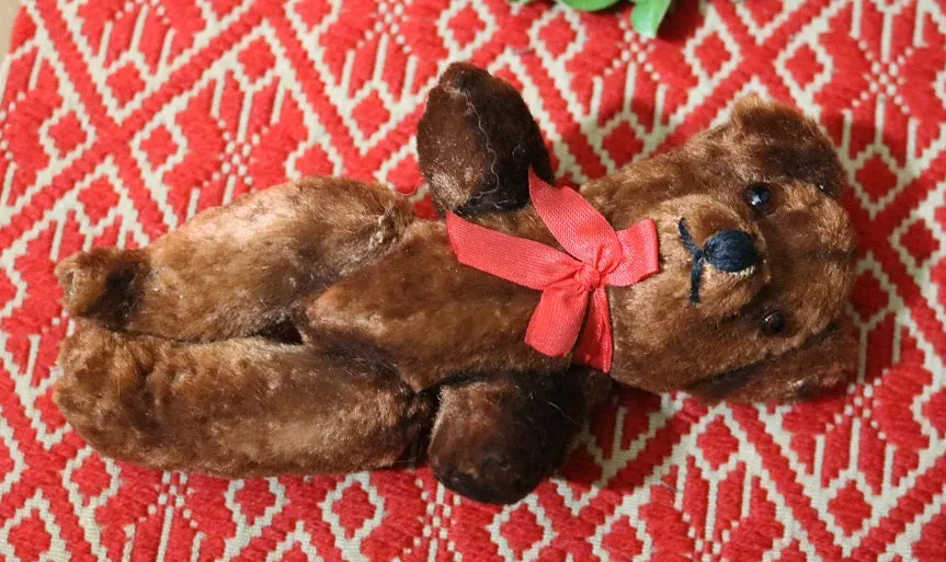 Tin Pail Red Paint Miniature Teddy Bear Festive Gathering