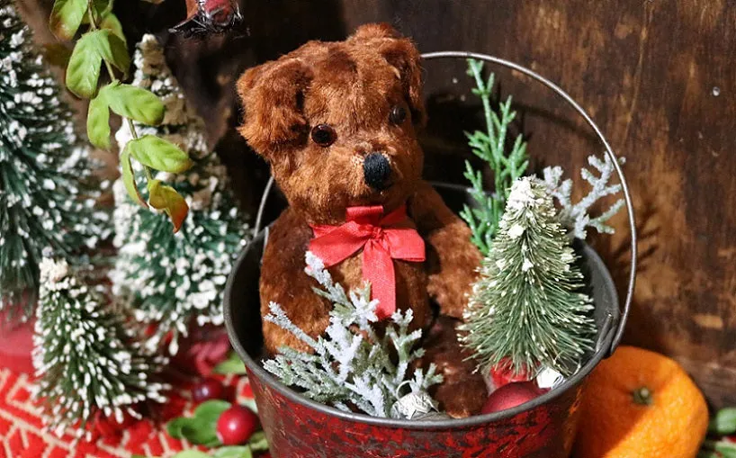 Tin Pail Red Paint Miniature Teddy Bear Festive Gathering
