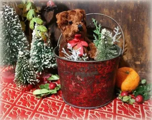 Tin Pail Red Paint Miniature Teddy Bear Festive Gathering