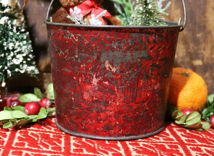 Tin Pail Red Paint Miniature Teddy Bear Festive Gathering