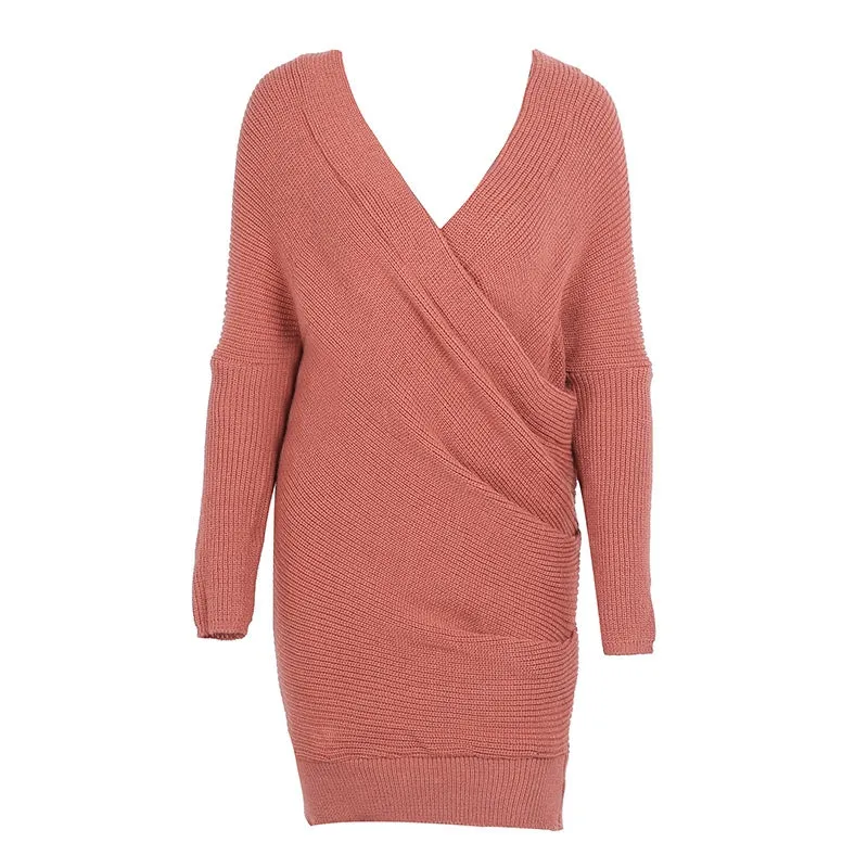 V-Neck Cross Knitting Sweater Dress | Long Sleeve Pullover