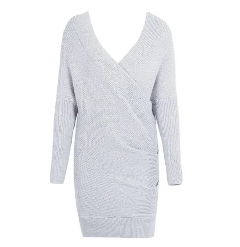 V-Neck Cross Knitting Sweater Dress | Long Sleeve Pullover