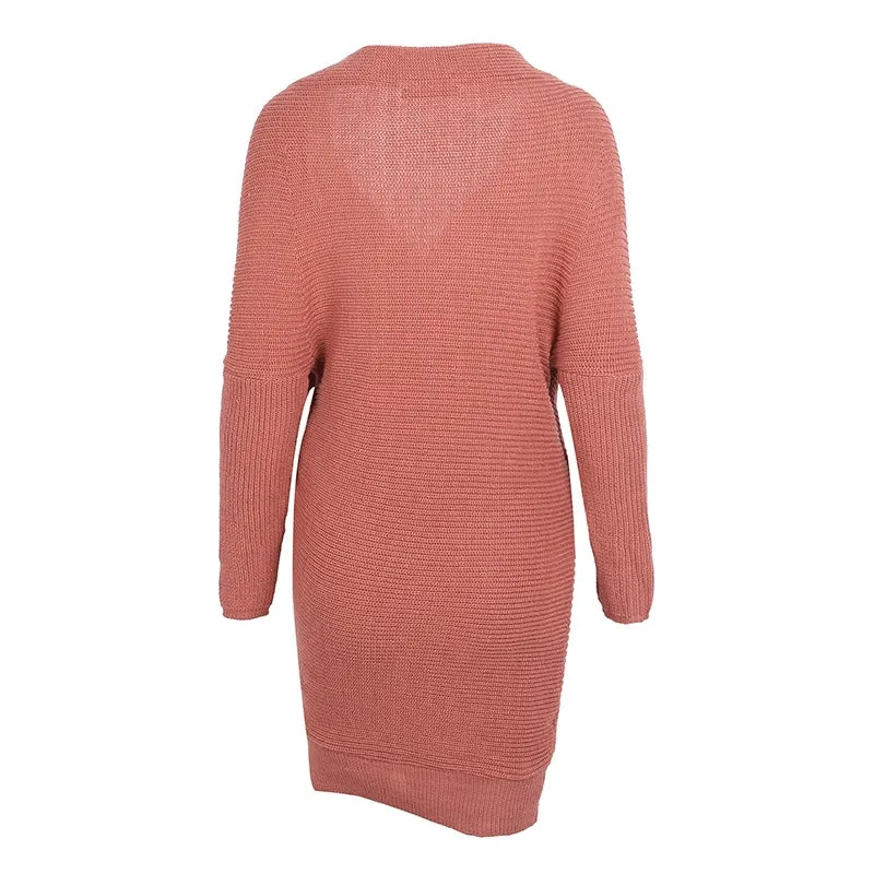 V-Neck Cross Knitting Sweater Dress | Long Sleeve Pullover