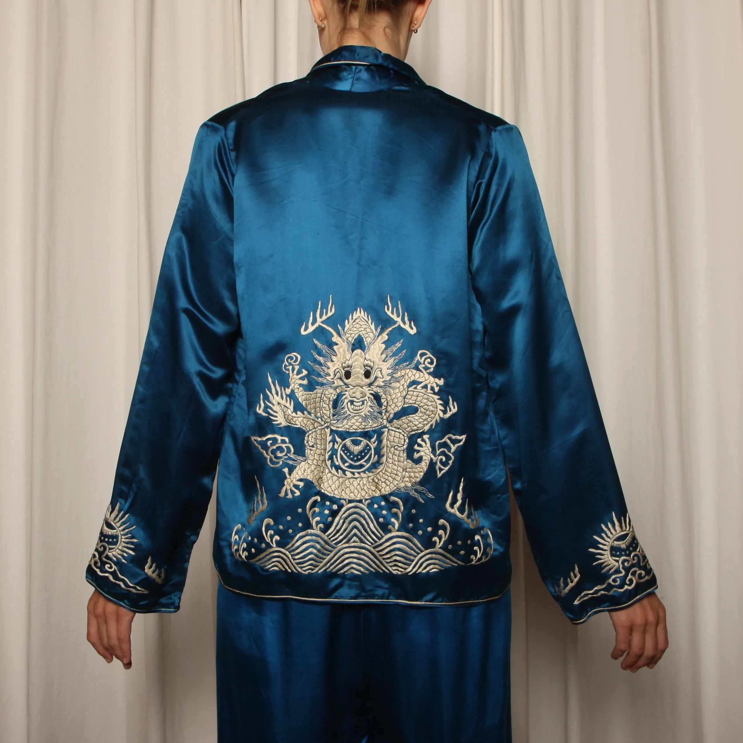 Vintage 30's Dragon Embroidered Silk Satin Pajama Ensemble