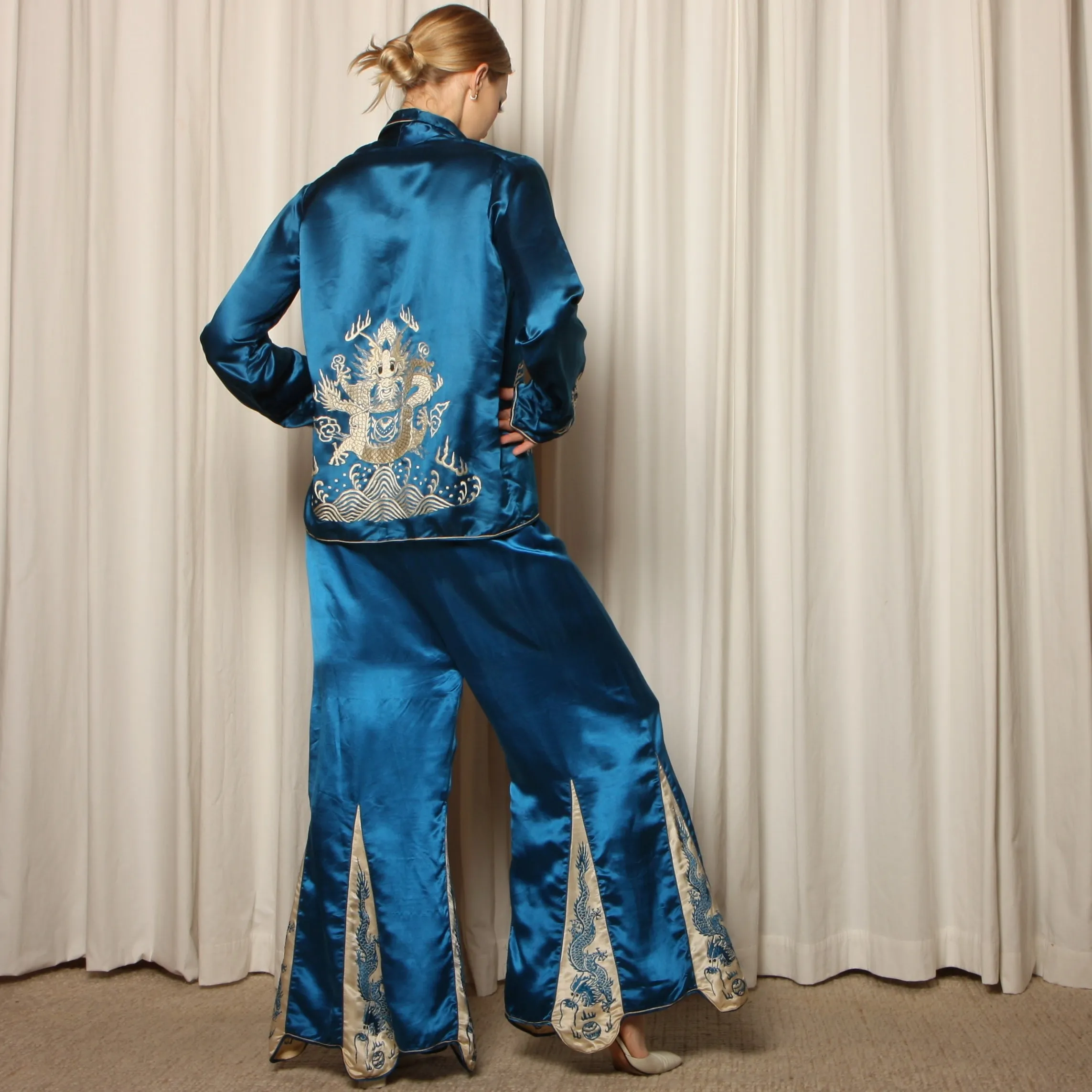 Vintage 30's Dragon Embroidered Silk Satin Pajama Ensemble