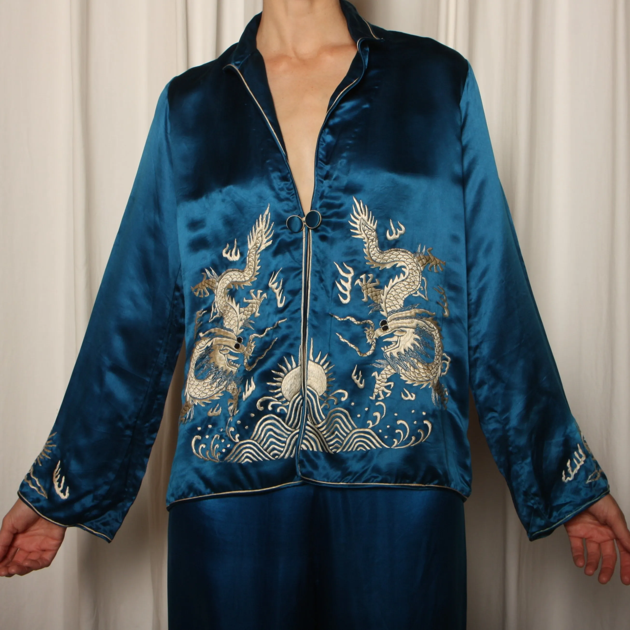 Vintage 30's Dragon Embroidered Silk Satin Pajama Ensemble