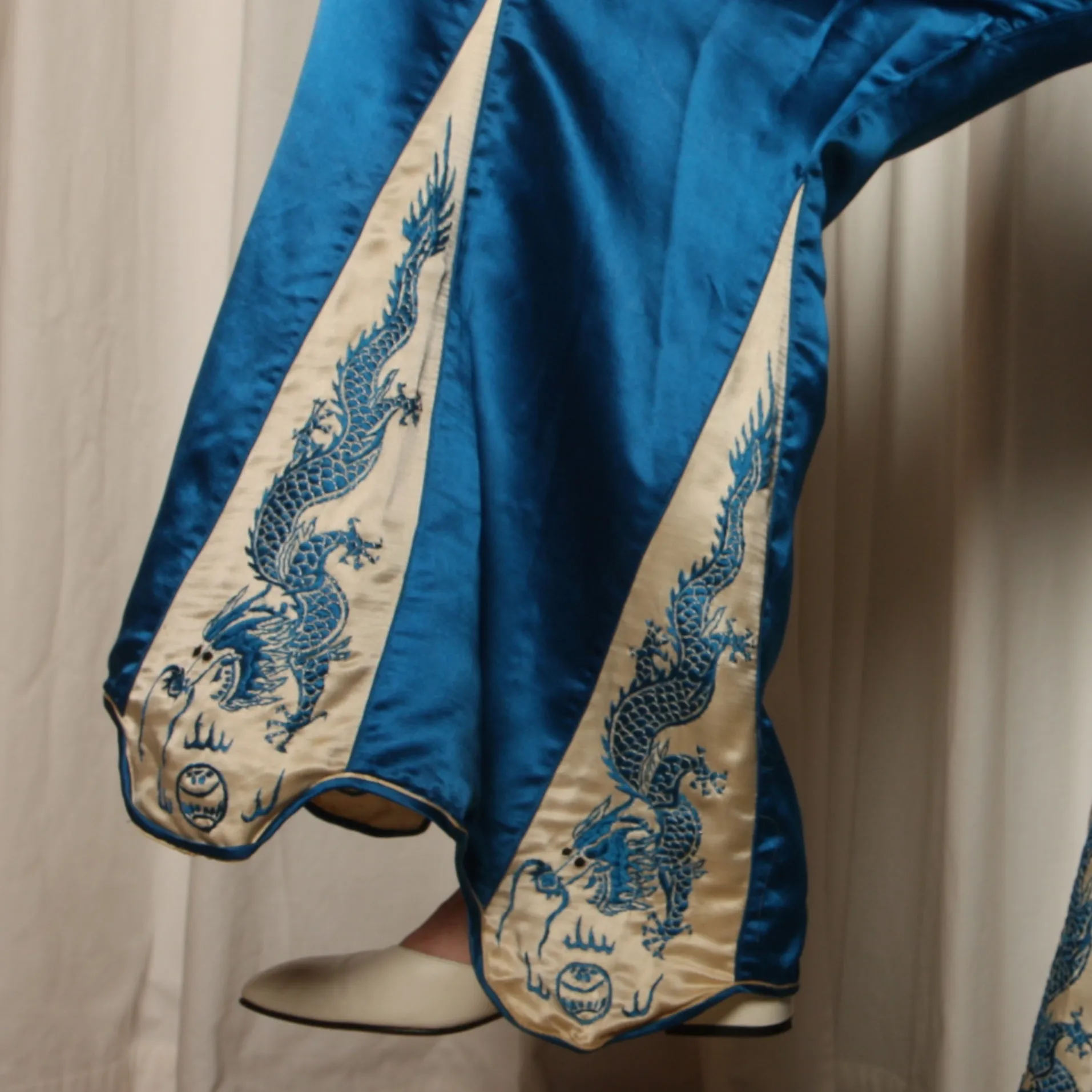 Vintage 30's Dragon Embroidered Silk Satin Pajama Ensemble