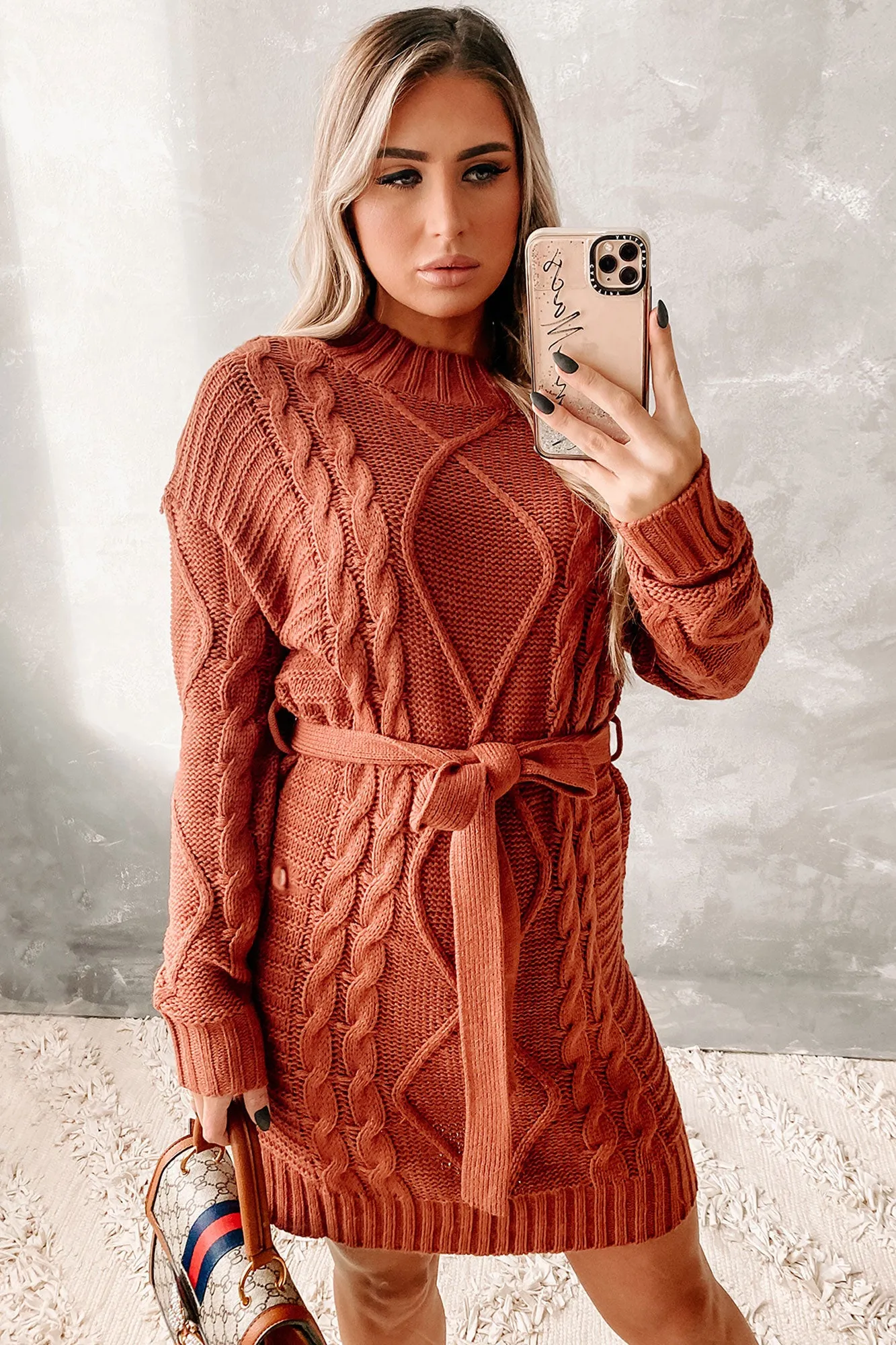 Warm Personality Cable Knit Sweater Dress (Brown)