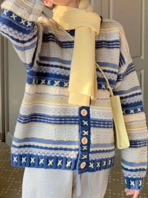 Wenkouban-Spring Casual Outfits Y2K Outfits Stripe Splice Crochet Detail Knit Cardigan