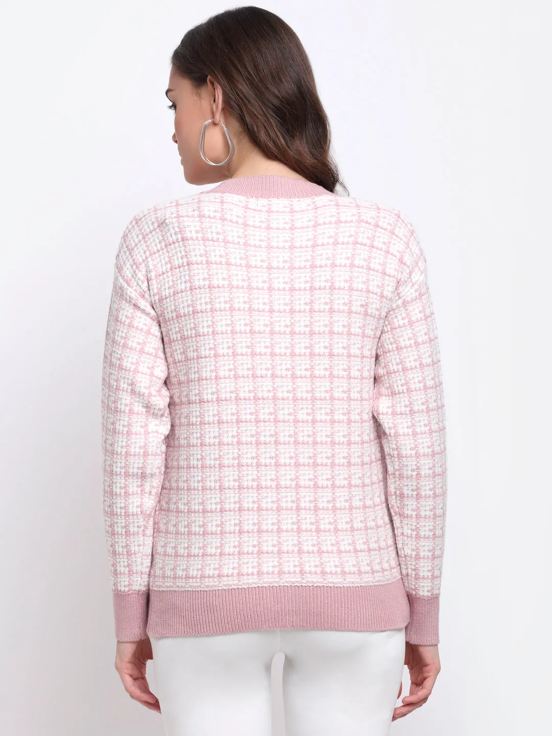 Women Pink Round Neck Checked Knitted Regular Fit Cardigan