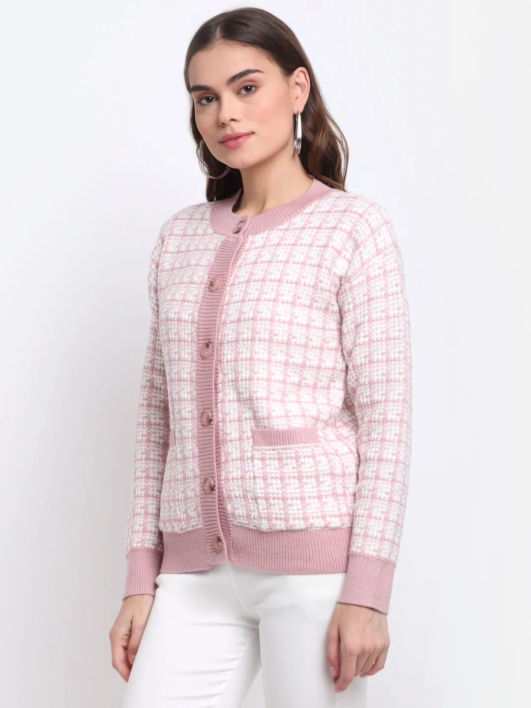 Women Pink Round Neck Checked Knitted Regular Fit Cardigan