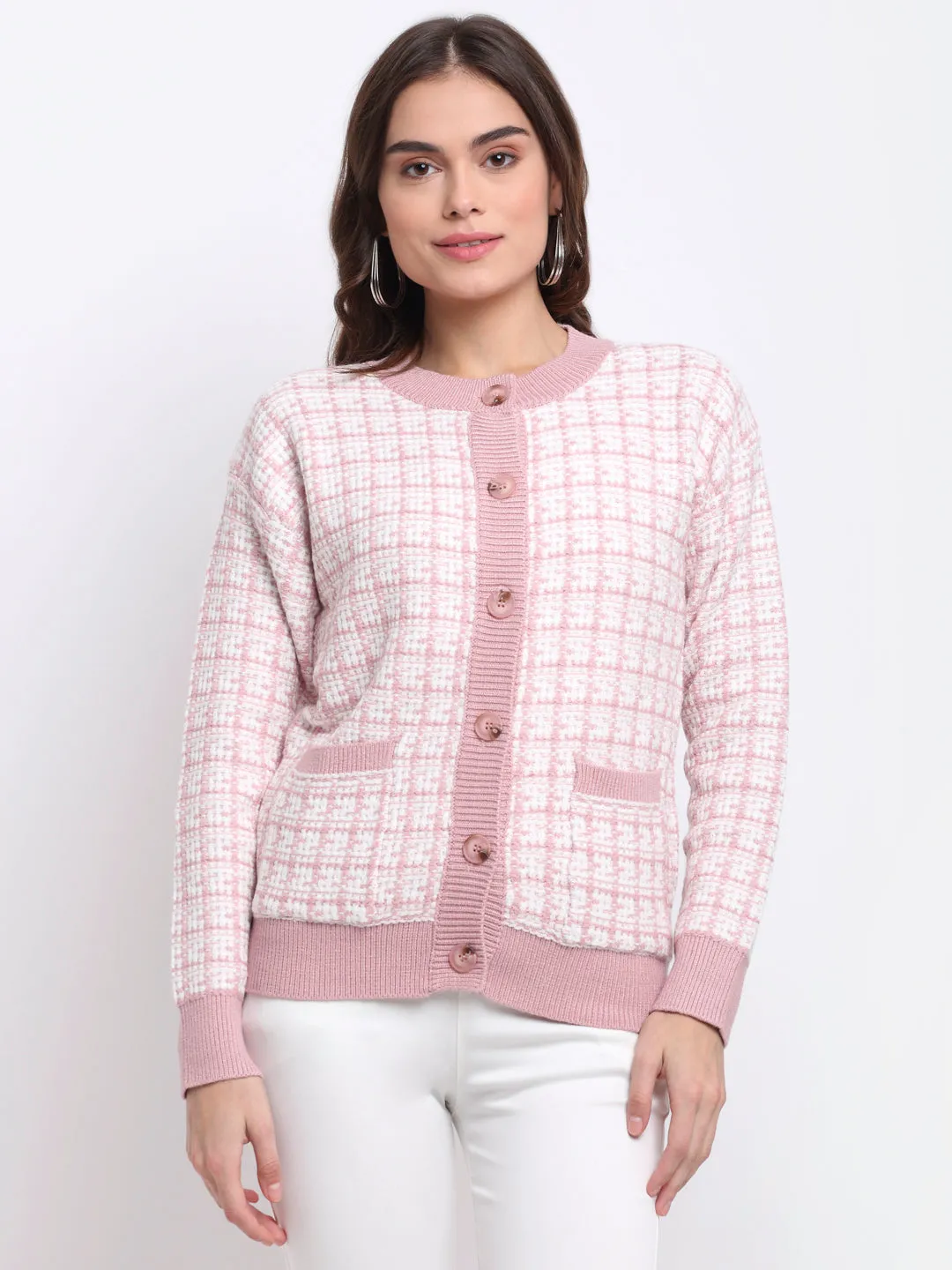 Women Pink Round Neck Checked Knitted Regular Fit Cardigan