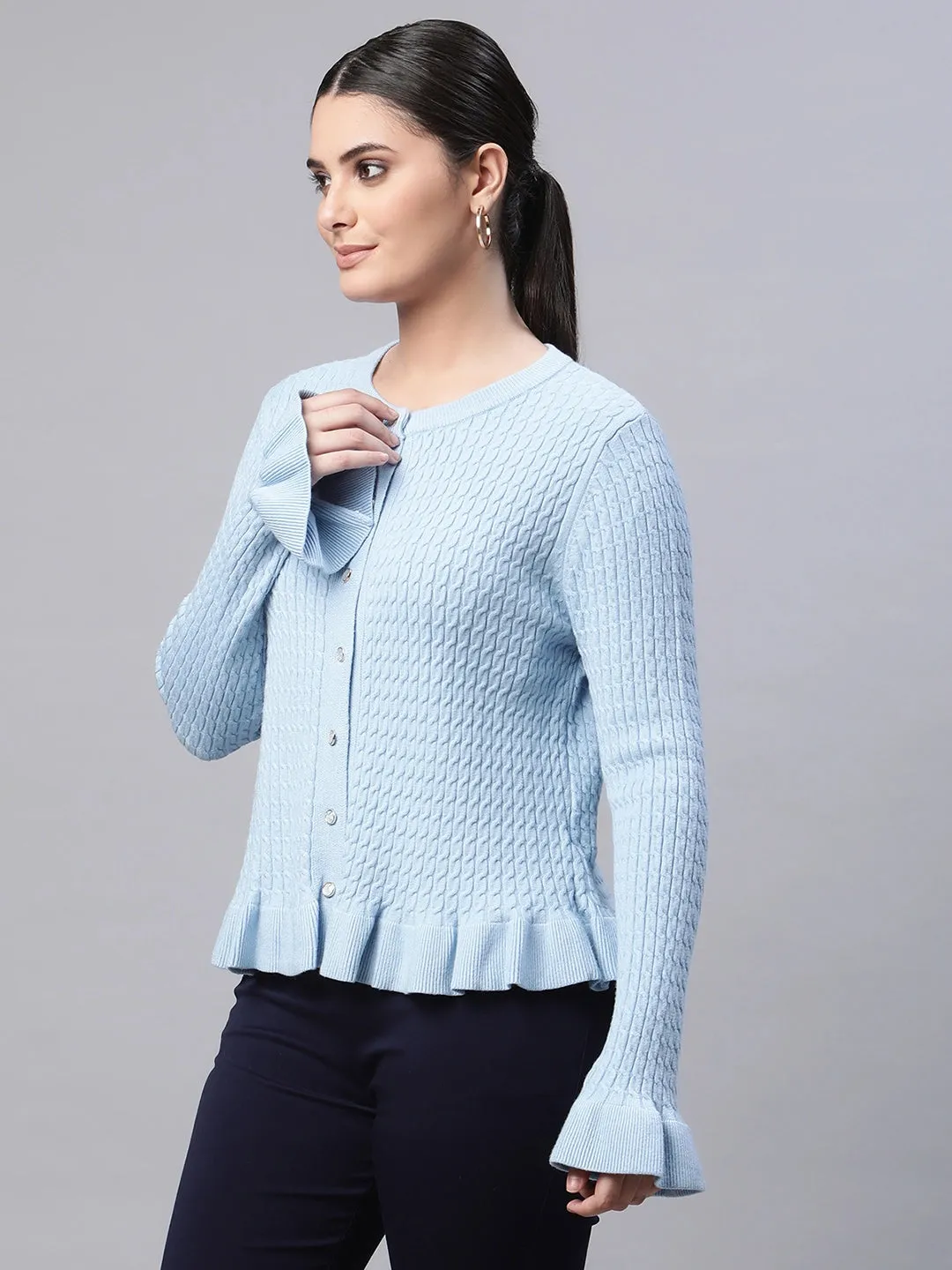 Women Round Neck Ruffled Hem Arctic Blue Textured Regular Fit Knitted Cardigan