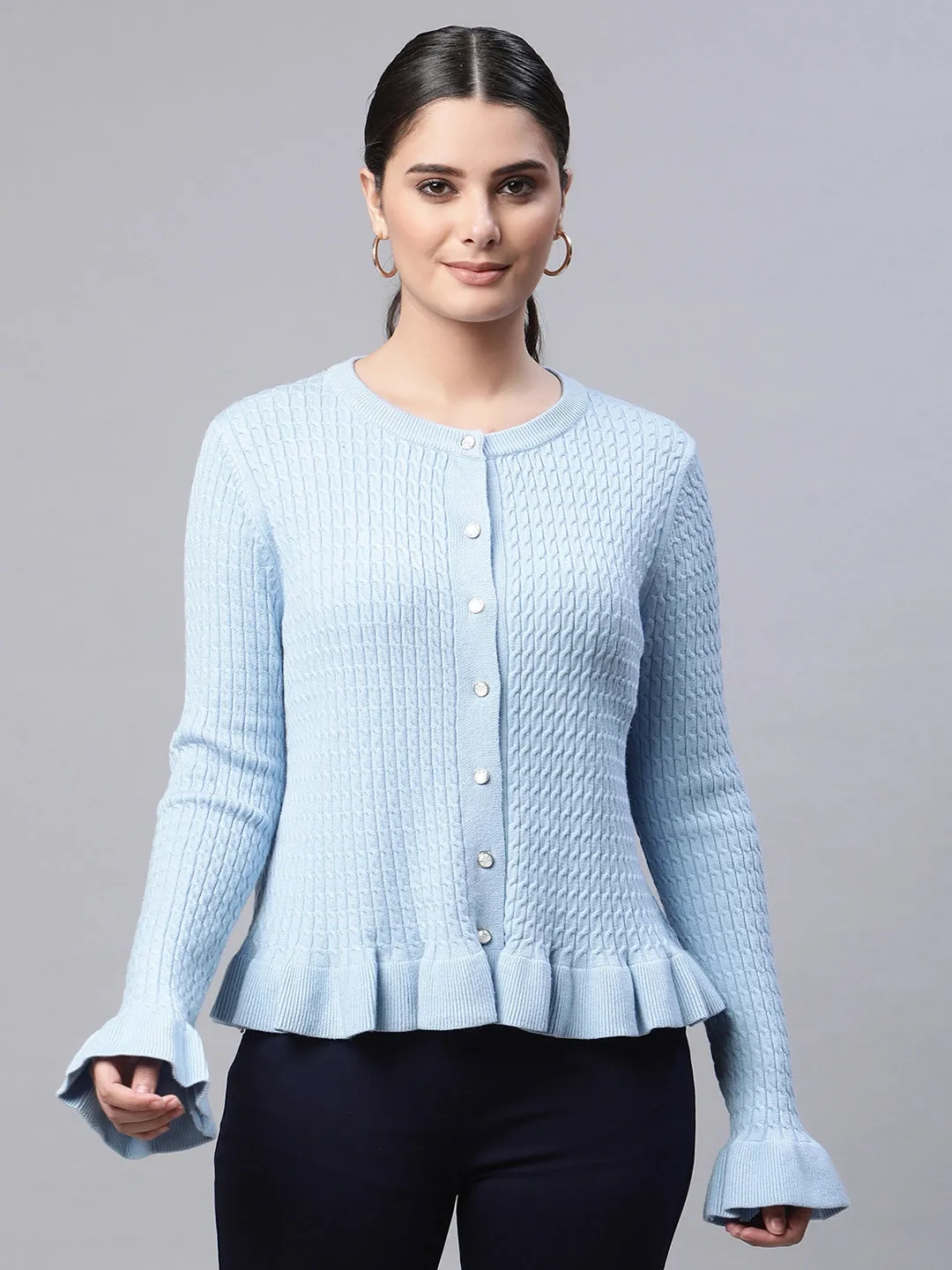 Women Round Neck Ruffled Hem Arctic Blue Textured Regular Fit Knitted Cardigan