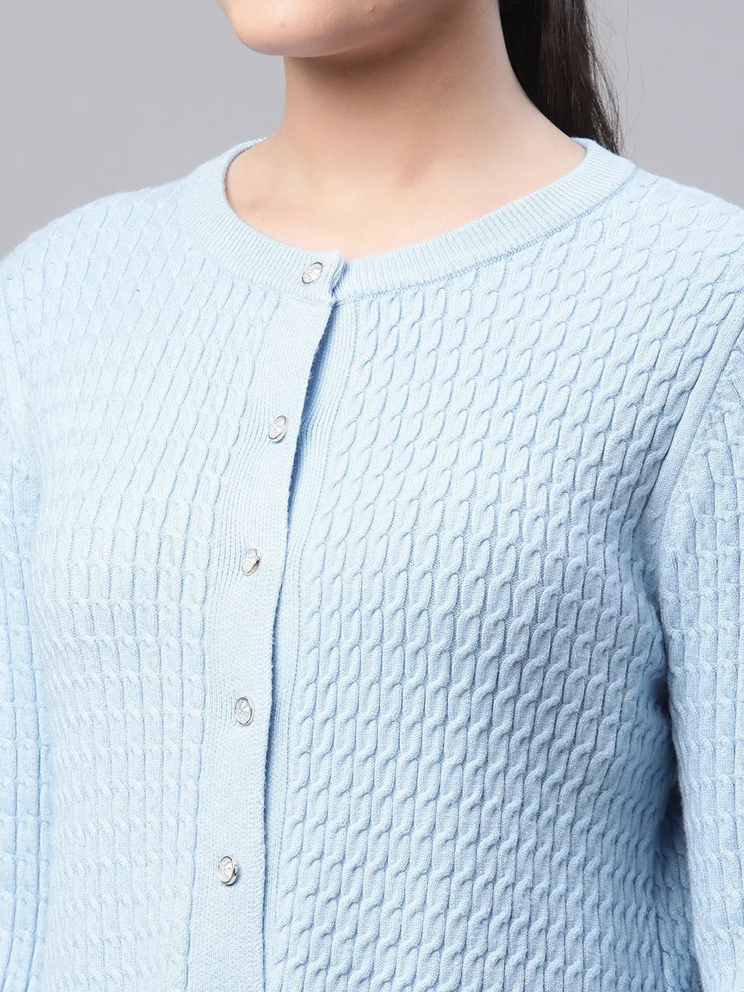 Women Round Neck Ruffled Hem Arctic Blue Textured Regular Fit Knitted Cardigan