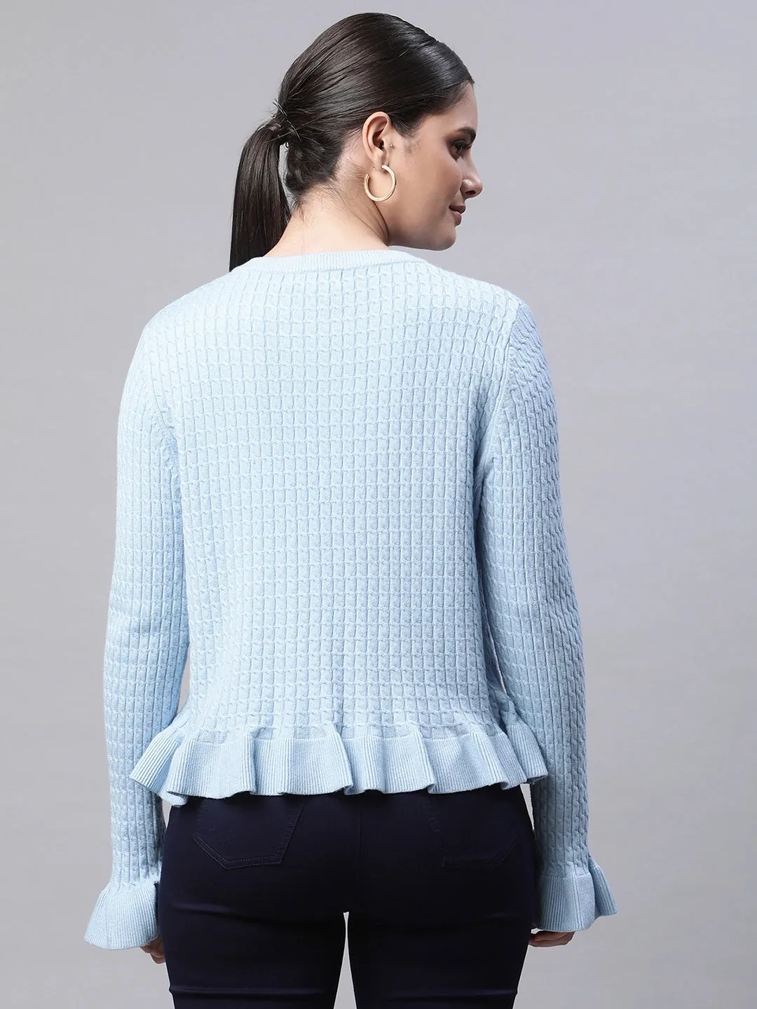 Women Round Neck Ruffled Hem Arctic Blue Textured Regular Fit Knitted Cardigan