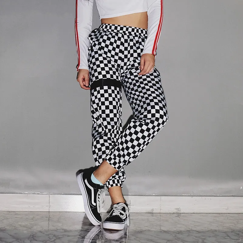 Women's Spring/Autumn High-Waist Patchwork Pants With Checkerboard Pattern