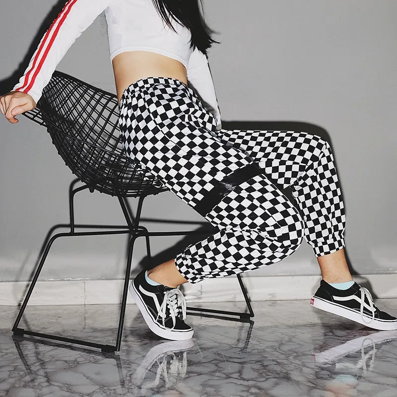 Women's Spring/Autumn High-Waist Patchwork Pants With Checkerboard Pattern