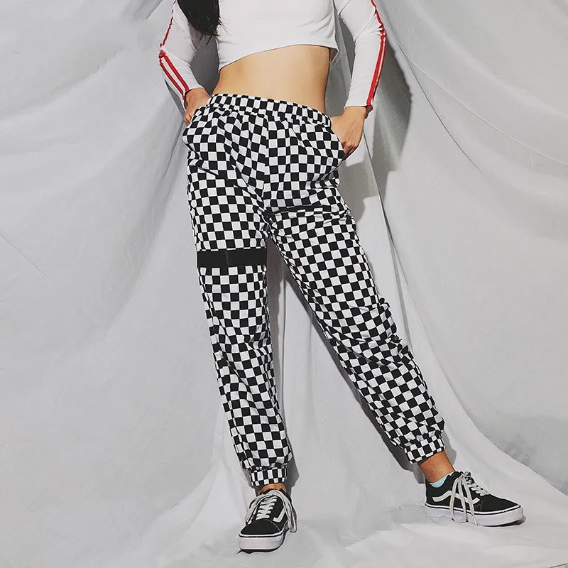 Women's Spring/Autumn High-Waist Patchwork Pants With Checkerboard Pattern