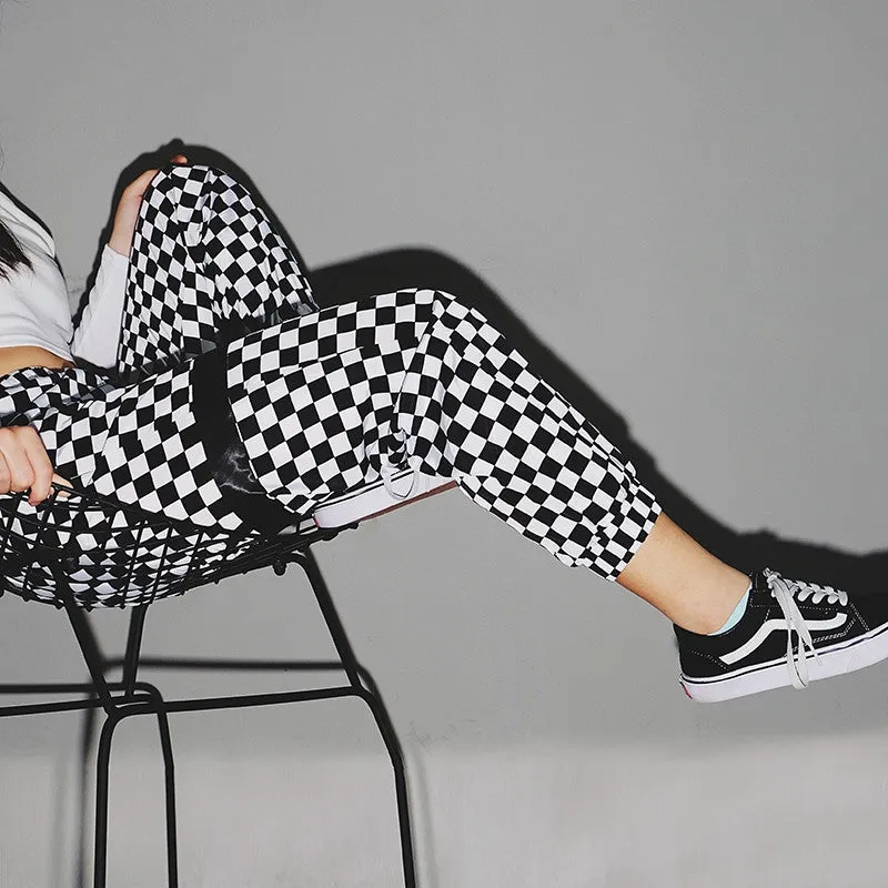 Women's Spring/Autumn High-Waist Patchwork Pants With Checkerboard Pattern
