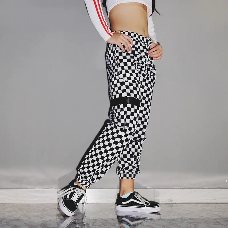 Women's Spring/Autumn High-Waist Patchwork Pants With Checkerboard Pattern