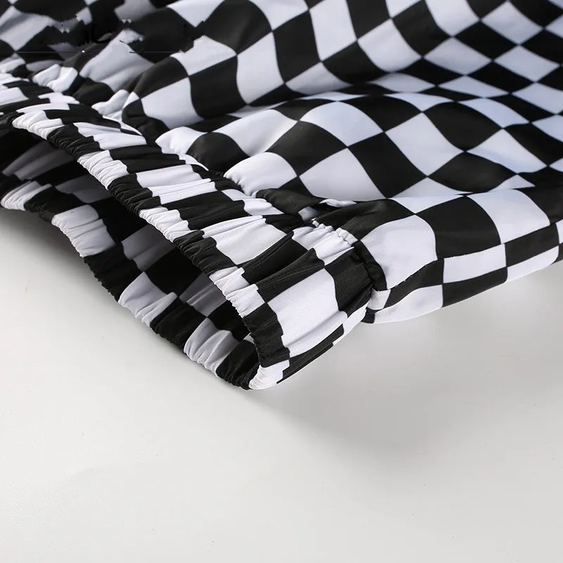 Women's Spring/Autumn High-Waist Patchwork Pants With Checkerboard Pattern