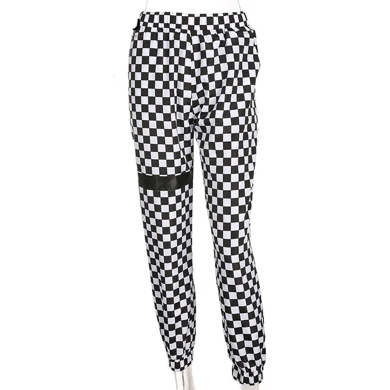 Women's Spring/Autumn High-Waist Patchwork Pants With Checkerboard Pattern