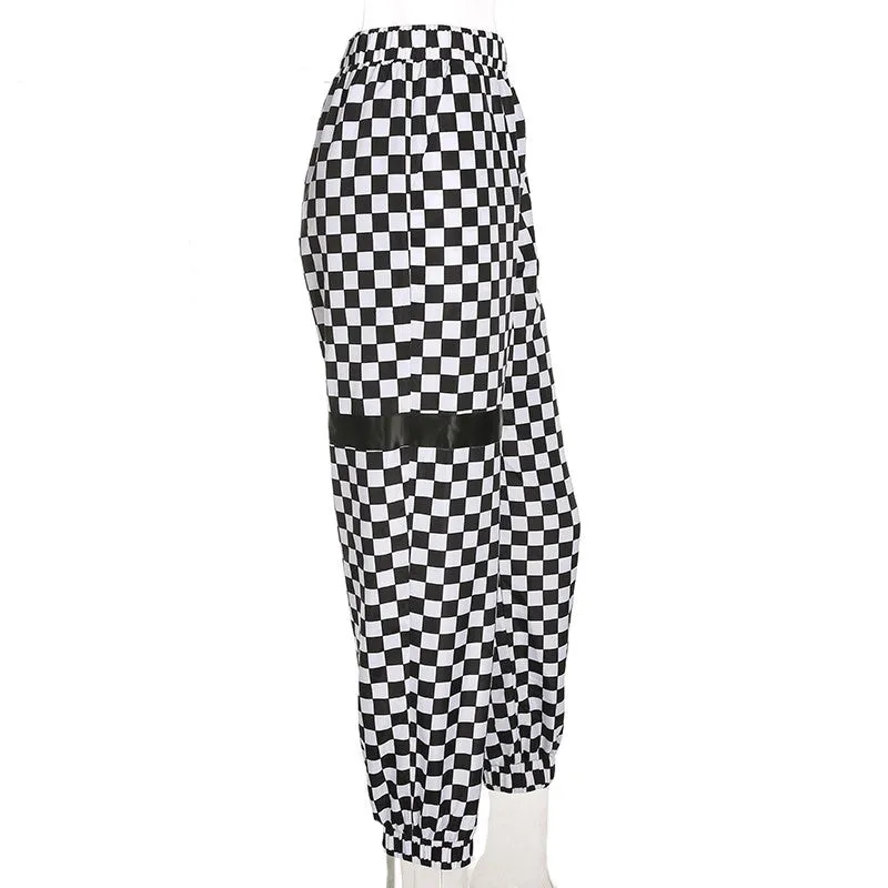 Women's Spring/Autumn High-Waist Patchwork Pants With Checkerboard Pattern