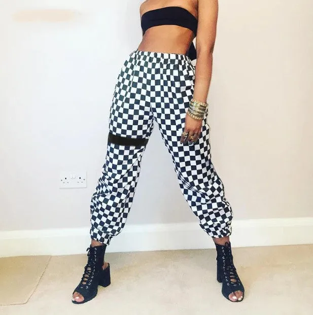 Women's Spring/Autumn High-Waist Patchwork Pants With Checkerboard Pattern