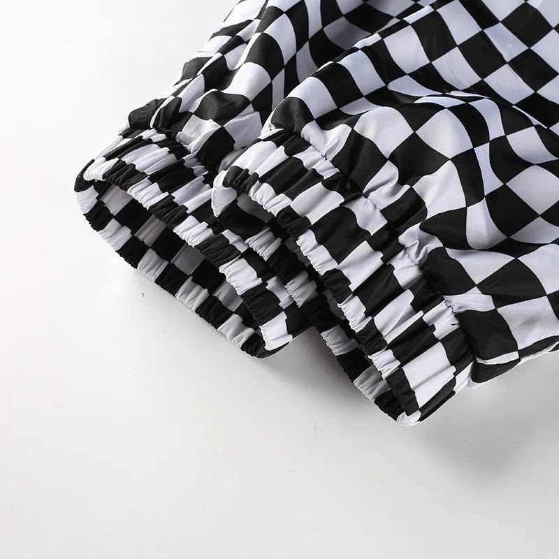 Women's Spring/Autumn High-Waist Patchwork Pants With Checkerboard Pattern