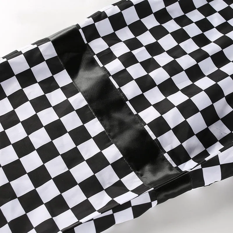 Women's Spring/Autumn High-Waist Patchwork Pants With Checkerboard Pattern