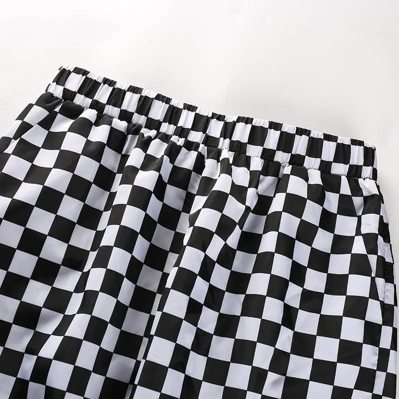 Women's Spring/Autumn High-Waist Patchwork Pants With Checkerboard Pattern