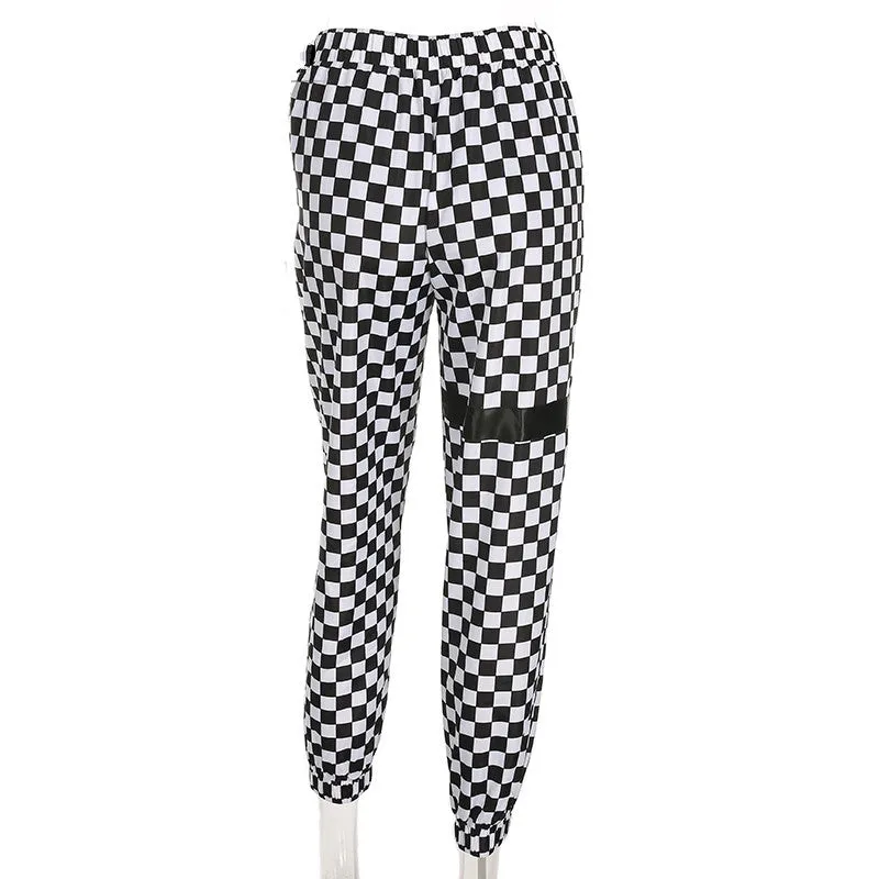 Women's Spring/Autumn High-Waist Patchwork Pants With Checkerboard Pattern